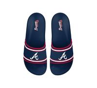 FOCO MLB Men's Officially Licensed Sports Slippers Primary Logo Team Color Stripe Molded Baseball Slides, Atlanta Braves - Navy, 9-10