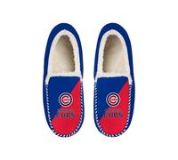 FOCO MLB Unisex-Adult Officially Licensed Color Block Primary Logo Wordmark Sherpa Lined Moccasin Slippers, Chicago Cubs, 13-14 Women/11-12 Men