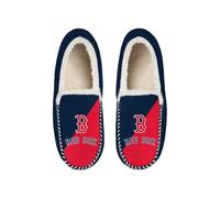 FOCO MLB Unisex-Adult Officially Licensed Color Block Primary Logo Wordmark Sherpa Lined Moccasin Slippers, Boston Red Sox, 15-16 Women/13-14 Men