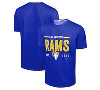 FOCO NFL Men's Officially Licensed Football Team Logo Wordmark Distressed Performance Team Color Crewneck T-Shirt, Los Angeles Rams - Blue, S