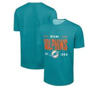 FOCO NFL Men's Officially Licensed Football Team Logo Wordmark Distressed Performance Team Color Crewneck T-Shirt, Miami Dolphins - Aqua, Large