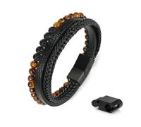 FOCOOG Leather Bead Bracelets for Men, Natural Tiger Eye Lava Rock Stone Bead Magnetic Clasp Adjustable Leather Bracelets Stress Relief Mens Anxiety Bracelet Mens Jewelry Gifts, 8+0.5, Leather, no