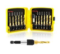 FOCSTOL Combination Drill Tap Bit Set - 13pcs SAE (6-32NC to 1/4-20NC) and Metric (M3 to M10) with Quick Change Hex Shank for drilling tapping and countersinking Iron Aluminium Copper Metal