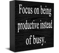Focus On Being Productive Instead Of Busy Home Office Decor Wooden Box Sign, Decorative Positive Office Desk Accessories Wood Plaque Wood Table Sign For Tv Cabinet Shelf 5 X 5 Inch