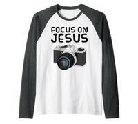 Focus On Jesus, Christian Photographer, Retro Camera Church Raglan Baseball Tee