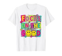Focus On The Good Colorful Positive Happy Face Quote Design Value Graphic T-Shirt, Men, White, L