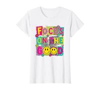 Focus On The Good Colorful Positive Happy Face Quote Design Value Graphic T-Shirt, Women, White, XL
