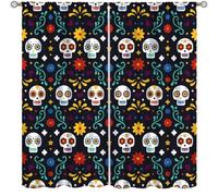 Focusbrite Colorful Sugar Skull Window Curtain, Abstract Gothic Skeleton Floral Halloween Mexican Day of The Dead Window Drapes for Living Room Bedroom Kitchen Set 2 Panels,42x54 Inches