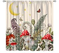Focusbrite Mushroom Window Curtain，Retro Mushrooms Butterfly Floral Boho Moon Stars Botanical Wildflowers Green Plant Aesthetic Window Drapes Set 2 Panels,63x63 Inches