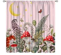 Focusbrite Mushroom Window Curtain，Retro Mushrooms Butterfly Floral Boho Moon Stars Botanical Wildflowers Green Plant Aesthetic Window Drapes Set 2 Panels,42x63 Inches