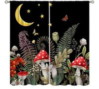 Focusbrite Mushroom Window Curtain，Retro Mushrooms Butterfly Floral Boho Moon Stars Botanical Wildflowers Green Plant Aesthetic Window Drapes Set 2 Panels,63x72 Inches