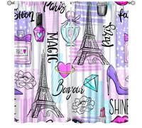 Focusbrite Paris Eiffel Tower Blackout Curtain Purple High Heel Fashion Books Perfume Butterfly Hot Air Balloons European French City Landscape Modern Romantic Set 2 Panels,84x84 Inches