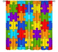 Focusbrite Puzzle Kitchen Curtains, Colorful Puzzle Pieces Fractal Children Hobby Activity Leisure Toys Cartoon Image, Window Drapes Set 2 Panels,42x54 Inches, Style