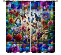 Focusbrite Stained Glass Window Curtains,Colorful Butterfly Flowers Mid Century Abstract Geometric for Bedroom Living Room Kitchen Set 2 Panels,55x63 Inches