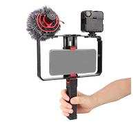 FocusFoto Smartphone Video Rig Camera Cage Mount Holder Stabilizer (Removable Handle Grip Version) with BOYA by-MM1 Microphone Mic + 49 LED Light Kit for Mobile Phone iPhone Filmmaking Videomaker