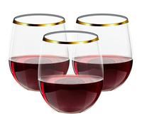 FOCUSLINE 32 Pack 12 OZ Plastic Wine Glasses, Stemless Disposable Wine Cups, Gold Rim Unbreakable Wine Glasses, Reusable Shatterproof Recyclable and BPA-Free Plastic Wine Cups