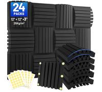 Focusound 24 Pack Curved Acoustic Foam Panels 3" x 12" x 12" Sound Proof Foam Panels Soundproofing Noise Cancelling Wedge Panels for Home Office Recoding Studio with 330 PCS Double-Side Adhesive