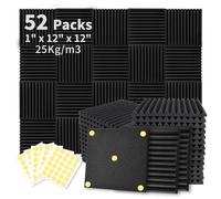 Focusound 52 Pack Acoustic Foam Panels 1" x 12" x 12" Sound Proof Foam Panles Soundproofing Noise Cancelling Wedge Panels for Home Office Recoding Studio with 270PCS Double-Side Adhesive