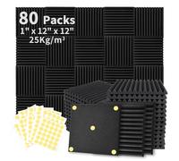 Focusound 80 Pack Acoustic Foam Panels 1" x 12" x 12" Sound Proof Foam Panles Soundproofing Noise Cancelling Wedge Panels for Home Office Recoding Studio with 420PCS Double-Side Adhesive