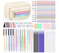 Focxoio 67PCS Aesthetic Stationery Supplies with Pencil Case, 12 Pastel Highlighters, 3 Erasable Pens,5 Multicolor Pen,5 Gel Pen, Stationery Set for Back to School, Beige