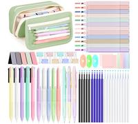 Focxoio 67PCS Aesthetic Stationery Supplies with Pencil Case, 12 Pastel Highlighters, 3 Erasable Pens,5 Multicolor Pen,5 Gel Pen, Stationery Set for Back to School, Green