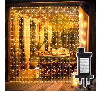 Focxoio Curtain Fairy Lights Indoor Outdoor, 300LED 3mx3m Waterfall Hanging Plug in String Lights with 8 Modes/Timer/Memory Waterproof for Diwali, Party, Christmas, Bedroom, Garden Decor,Warm White