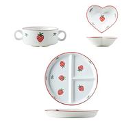 Fodalob Weight Management Tableware - Ceramic Dinner Set of 3, One-person Meal Ceramic Breakfast Tableware Set Include Strawberry Pattern Round Divided Plate and Bowls