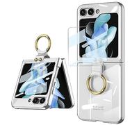 FODDOM for Samsung Galaxy Z Flip 5 with Ring, Ultra-Thin Luxury Transparent Plating PC Crystal Cover Anti-Scratch Glass Camera Lens Protector All-Inclusive Protective Case (Clear)