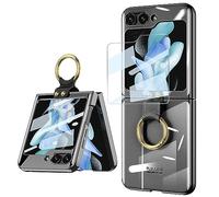 FODDOM for Samsung Galaxy Z Flip 5 with Ring, Ultra-Thin Luxury Transparent Plating PC Crystal Cover Anti-Scratch Glass Camera Lens Protector All-Inclusive Protective Case (Black)