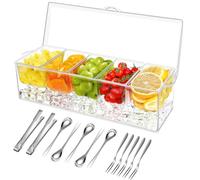 FODIENS 5 Compartment Condiment Server, Ice Chilled Condiment Containers with Lid, Clear Condiment Caddy Serving Tray on Ice with 5 Serving Spoons 5 Fruit Forks 2 Serving Tongs