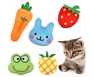 Fodlon Catnip Toys - 5pcs Interactive Cat Toys, Soft Plush Cat Pillows for Teeth Cleaning, Playing & Chewing - Strawberry/Frog/Rabbit/Pineapple