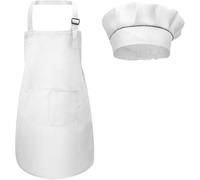 Fodlon Kids Apron and Chef Hat Set, Adjustable Children Kitchen Chef Apron with Pockets for Cooking Baking Painting 4-12 Years Old (White, Large)