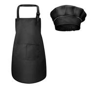 Fodlon Kids Apron and Chef Hat Set, Adjustable Children Kitchen Chef Apron with Pockets for Cooking Baking Painting 4-12 Years Old (Black, Large)