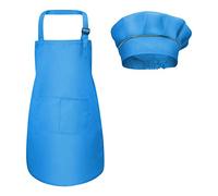 Fodlon Kids Apron and Chef Hat Set, Adjustable Children Kitchen Chef Apron with Pockets for Cooking Baking Painting 4-12 Years Old (Blue, Large)