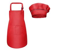 Fodlon Kids Apron and Chef Hat Set, Adjustable Children Kitchen Chef Apron with Pockets for Cooking Baking Painting 4-12 Years Old (Red, Large)