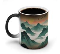 FodPand 12 Oz Ceramic Discoloration Mug, Magic Heat Sensitive Color Changing Coffee Cup, Green Mountains By Sunset Mug for Hot Tea, Cocoa, Fun Office & Novelty Gift