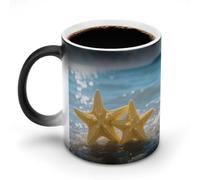FodPand 12 Oz Ceramic Discoloration Mug, Magic Heat Sensitive Color Changing Coffee Cup, Yellow Starfish on Beach Mug for Hot Tea, Cocoa, Fun Office & Novelty Gift