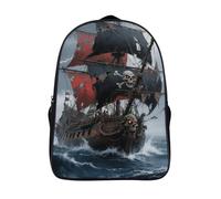 FodPand 16-Inch Laptop Backpack Water-Resistant Pirate Ship at Sea Daypack Lightweight Casual Rucksack for Travel Commuter Hiking Camping Outdoor Activities-Black