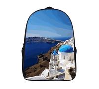 FodPand 16-Inch Laptop Backpack Water-Resistant Santorini Greek Island Sea View Daypack Lightweight Casual Rucksack for Travel Commuter Hiking Camping Outdoor Activities-Black