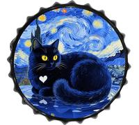 FodPand 1PCS Black Cat Tin Sign - 11.8 Inch Metal Bottle Cap Wall Art Vintage Beer Decor for Man Cave, Bar, Kitchen & Office, Ready to Hang Round Metal Sign