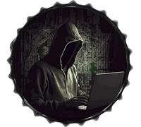 FodPand 1PCS Hacker Tin Sign - 11.8 Inch Metal Bottle Cap Wall Art Vintage Beer Decor for Man Cave, Bar, Kitchen & Office, Ready to Hang Round Metal Sign