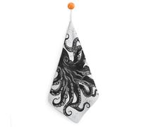 FodPand 1PCS Microfiber Hand Towels, 11x11 Inch Quick Drying & Highly Absorbent Classic Black Octopus Kitchen Towel with Hanging Loop, Lint Free Dish Towels for Bathroom & Kitchen