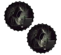 FodPand 2PCS Hacker Tin Sign - 11.8 Inch Metal Bottle Cap Wall Art Vintage Beer Decor for Man Cave, Bar, Kitchen & Office, Ready to Hang Round Metal Sign
