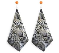 FodPand 2PCS Microfiber Hand Towels, 11x11 Inch Quick Drying & Highly Absorbent Black and White Leopard Face Kitchen Towel with Hanging Loop, Lint Free Dish Towels for Bathroom & Kitchen