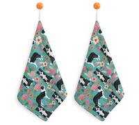 FodPand 2PCS Microfiber Hand Towels, 11x11 Inch Quick Drying & Highly Absorbent Border Collie Florals Kitchen Towel with Hanging Loop, Lint Free Dish Towels for Bathroom & Kitchen