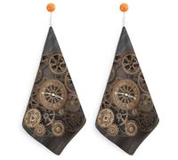 FodPand 2PCS Microfiber Hand Towels, 11x11 Inch Quick Drying & Highly Absorbent Steampunk Gears Clock Kitchen Towel with Hanging Loop, Lint Free Dish Towels for Bathroom & Kitchen