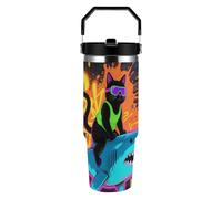 FodPand 30oz Tumbler with Handle And Straw Blacklight Cat Riding Shark Insulated Stainless Steel Christmas Travel Mug Leak Proof Vacuum Coffee Cup for Office & Car, Merry Christmas Gift