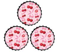 FodPand 3PCS Cherry Pink Bow With Red Lips Tin Sign - 11.8 Inch Metal Bottle Cap Wall Art Vintage Beer Decor for Man Cave, Bar, Kitchen & Office, Ready to Hang Round Metal Sign
