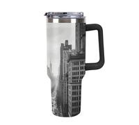 FodPand 40oz Stainless Steel Black New York Print Tumbler with Handle And Straw Double Wall Vacuum Insulated Travel Mug Bpa-Free Leak-Proof Water Bottle Cup Holder Friendly for Home Office Gym