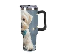 FodPand 40oz Stainless Steel Lovely Maltese Dog Tumbler with Handle And Straw Double Wall Vacuum Insulated Travel Mug Bpa-Free Leak-Proof Water Bottle Cup Holder Friendly for Home Office Gym